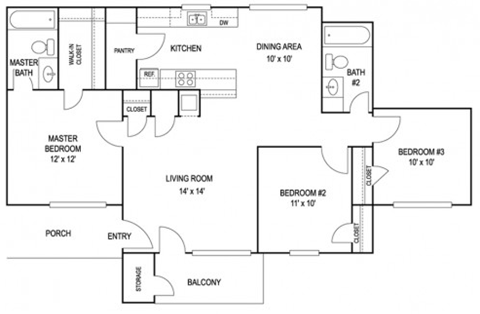 3 Bedroom Floor Plan at High Pointe Plaza Apartments in Lufkin TX